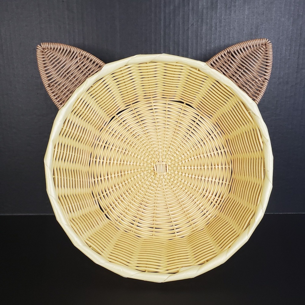 Faux Wicker Woven Cat Ears Round Pet Bed Basket‎ 14x15x4.5"